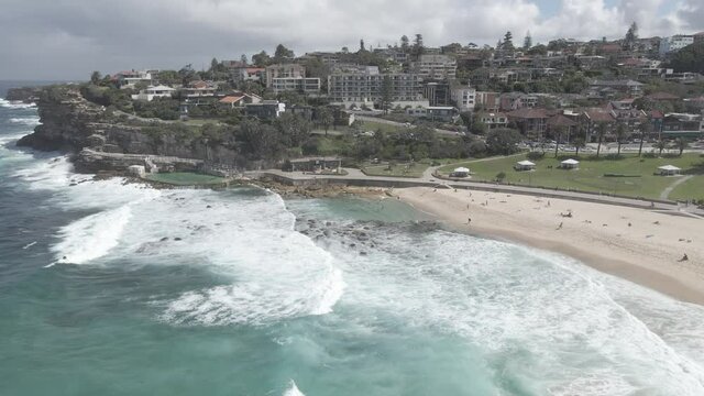 Waves Splashing At Nelson Bay In Bronte Beach. Eastern Suburbs Of Sydney, NSW, Australia. aerial drone