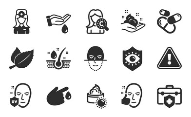 Uv protection, Eye protection and Collagen skin icons simple set. Sun cream, Medical insurance and Serum oil signs. Face recognition, Capsule pill and Blood donation symbols. Flat icons set. Vector