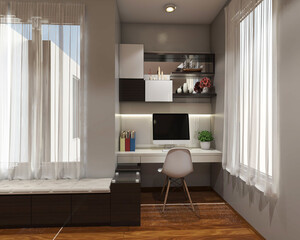 Minimalist workspace design with computer desk cabinet and shelving box display 