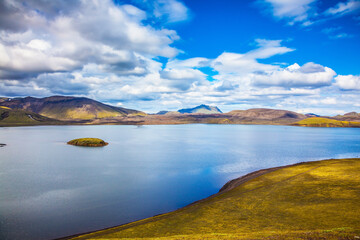 Fototapeta na wymiar Cool lake among the yellow tundra