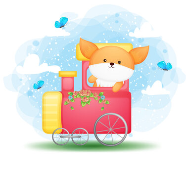 Cute doodle baby fox drive a train cartoon character Premium Vector