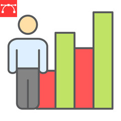 Performance review color line icon, career and success, person with growth vector icon, vector graphics, editable stroke filled outline sign, eps 10.