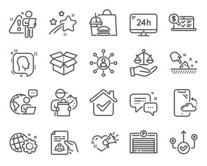 Business icons set. Included icon as Seo gear, Online accounting, Justice scales signs. Love message, Smartphone cloud, Skin moisture symbols. Parking garage, Correct way, Head. Open box. Vector