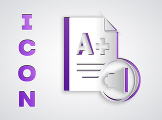 Paper cut Exam sheet with A plus grade icon isolated on grey background. Test paper, exam, or survey concept. School test or exam. Paper art style. Vector