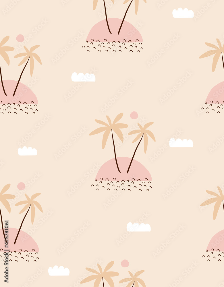 Wall mural funny hand drawn tropical party seamless vector pattern with palms, clouds and suns isolated on a li