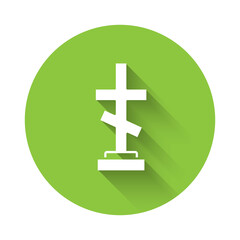 White Grave with cross icon isolated with long shadow. Green circle button. Vector