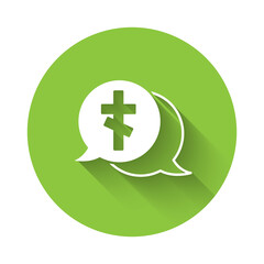 White Grave with cross icon isolated with long shadow. Green circle button. Vector