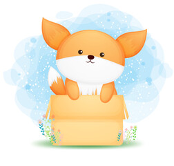 Cute doodle baby fox in the box. baby shower Premium Vector