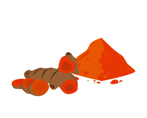 Turmeric medicine herbal powder and tumeric root with curcumin powder isolated on white background. Icon vector illustration.