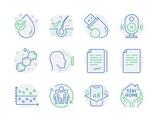 Science icons set. Included icon as Teamwork, Document signature, Flash memory signs. Document, Face id, Anti-dandruff flakes symbols. Water drop, Dot plot, Speaker. Chemical formula. Vector