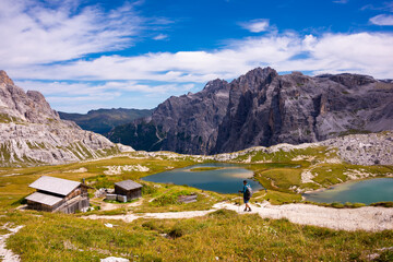 Beautiful mountain lakes in Italian Dolomites, hiking and recreation destination