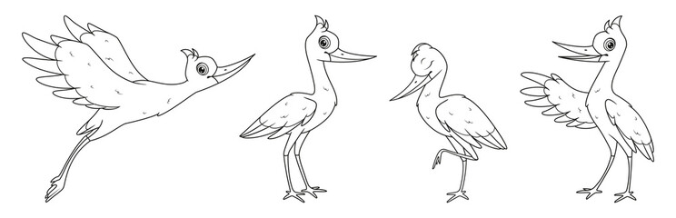 Cartoon set of storks in different poses coloring page. Black and white cartoon illustration