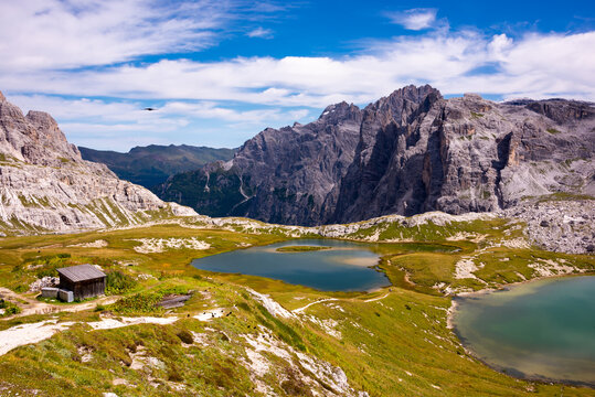 Beautiful mountain lakes in Italian Dolomites, hiking and recreation destination © Maresol