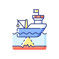 Seafloor mapping RGB color icon. Pulsing seafloor with series of soundings. Reflected echoes are received by another array of special devices. Isolated vector illustration