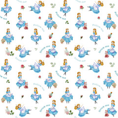Adorable watercolor pattern with girl in blue dress with her friend rabbit among the plants and magic stuff on white background. Ideal for children who loves fairy tales.