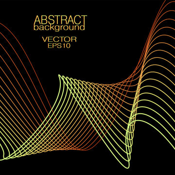 Yellow, red wavy lines. Abstract wave pattern. Vector squiggly curves. Black background. Bright colored gradient. Technology design element for landing page, banner, poster, leaflet, website. EPS10