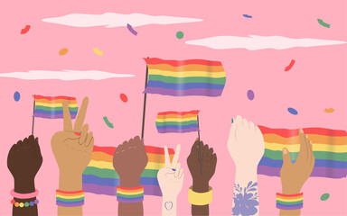 vector illustration on the theme of the lgbt movement, queer community. hands of people of different races with rainbow flags. lgbt pride, gay pride. flat modern illustration
