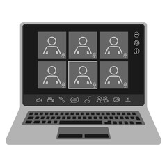 Webinar interface in notebook. Online communication, chatting. Online training in laptop. Video conference user interface with realistic laptop, video conference calls window overlay