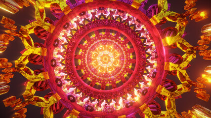 Psychedelic 3D seamless vj loop with trippy futuristic mandala background for audioviuals of trance acid patterns with infinite tunnel of meditation chakra illustration wallpaper