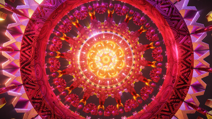 Psychedelic 3D seamless vj loop with trippy futuristic mandala background for audioviuals of trance acid patterns with infinite tunnel of meditation chakra illustration wallpaper