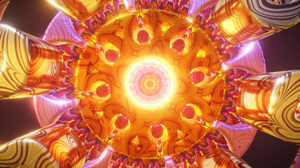 Psychedelic 3D seamless vj loop with trippy futuristic mandala background for audioviuals of trance acid patterns with infinite tunnel of meditation chakra illustration wallpaper