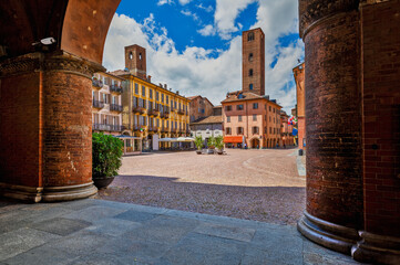 Piazza Duomo and old historic houses in Alba, Italy. - obrazy, fototapety, plakaty