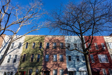 Row of Colorful Old Brick and Wood Residential Buildings in Greenpoint Brooklyn New York