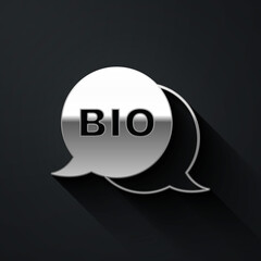 Silver Bio green healthy food icon isolated on black background. Organic product. Healthy food sticker. Long shadow style. Vector