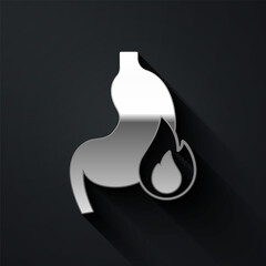 Silver Stomach heartburn icon isolated on black background. Stomach burn. Gastritis and acid reflux, indigestion and stomach pain problems. Long shadow style. Vector