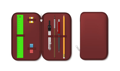 Top view of realistic opened and closed pencil case vector illustration school stationery