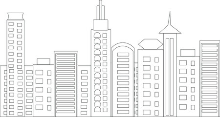 Cityscape skyline with skyscrapers isolated. Tall buildings skyscraper landscape. Urban center downtown big city megapolis vector cartoon panorama background wallpaper silhouette on white background