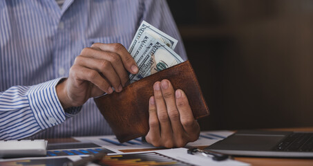 Close-up Business Hands money pocket and counting money American dollars , Income and Business...