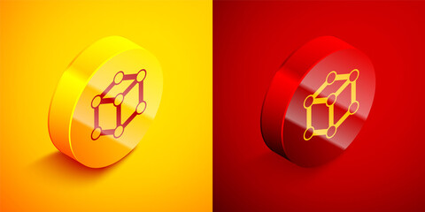 Isometric Molecule icon isolated on orange and red background. Structure of molecules in chemistry, science teachers innovative educational poster. Circle button. Vector