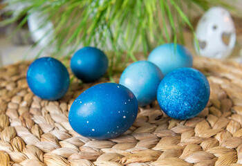 Fototapeta na wymiar Natural dyed blue colored Easter eggs on the table. Happy Easter.