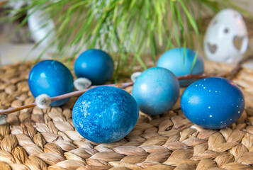 Natural dyed blue colored Easter eggs on the table. Happy Easter.