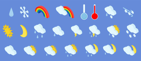 Isometric set of weather icons with cloud, sun, snowflakes and rainbow isolated on blue background. 3d illustration of meteorology pictogram.
