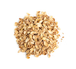 Pile of pistachios husks isolated on white background