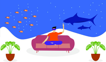 Naklejka premium Boy Wearing Virtual Reality Headset. Under Sea concept. Into Virtual Reality World. Future Technology.