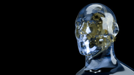 The human head crystal and gold gear inside for symbol idea content 3d rendering