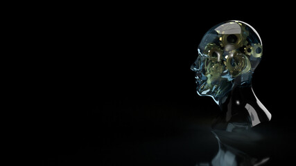 The human head crystal and gold gear inside for symbol idea content 3d rendering