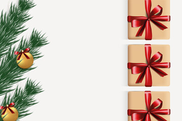 Scalable vector graphics. Christmas background. Realistic background with 3D objects, Christmas decorations: gift box with satin bow, Christmas tree, Christmas tree toy. View from above.