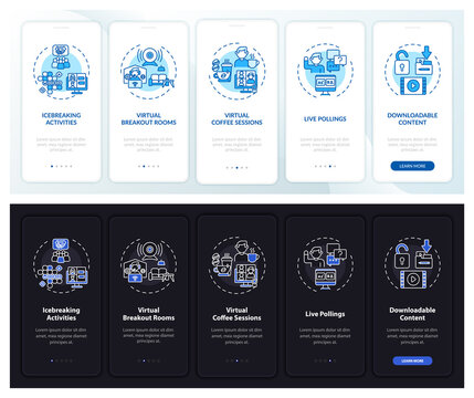 Distant sessions success onboarding mobile app page screen with concepts. Live events walkthrough 5 steps graphic instructions. UI, UX, GUI vector template with linear night and day mode illustrations