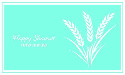 Shavuot, happy Shavuot, wheat, grain, holiday, jewish holiday, illustration, vector, card, greeting, greeting card, round, circle, blue, white, harvest, ear, flyer, banner, text, Hebrew, english