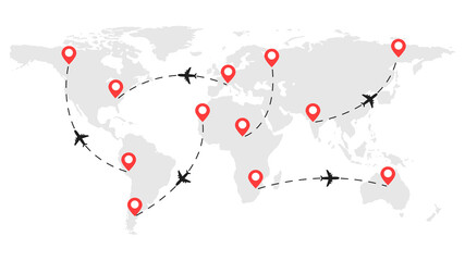 Airplane routes on the world map. Flight from one point to another. Airline concept. Vector illustration