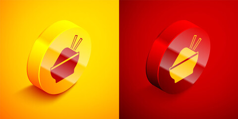 Isometric Rice in a bowl with chopstick icon isolated on orange and red background. Traditional Asian food. Circle button. Vector