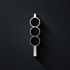 Silver Meatballs on wooden stick icon isolated on black background. Skewer with meat. Long shadow style. Vector
