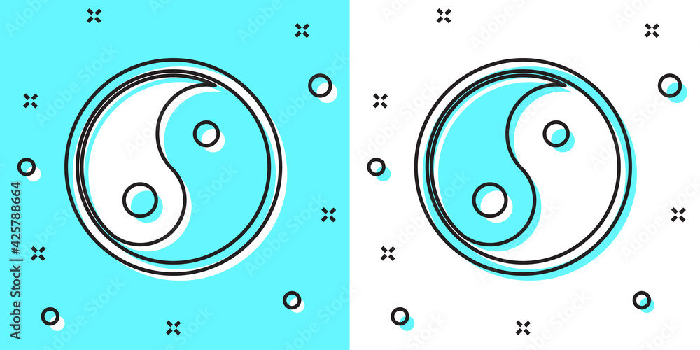 Poster black line yin yang symbol of harmony and balance icon isolated on green and white background. rando