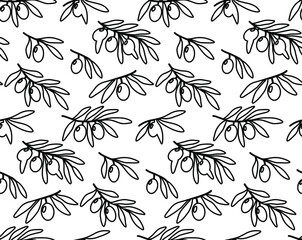 Seamless hand drawn pattern with olive branches isolated on white background. Outline olive tree branches for menu, greeting cards, wallpapers, covers.