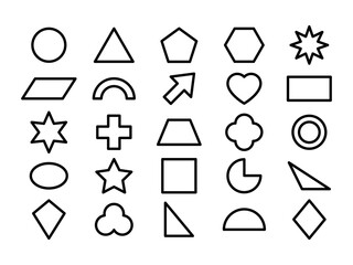 Geometric shape line icon set. Black silhouette large collection basic figures. School outline elements. Education concept. Vector isolated on white