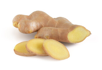 Fresh ginger root and sliced isolated on white background,clipping path.